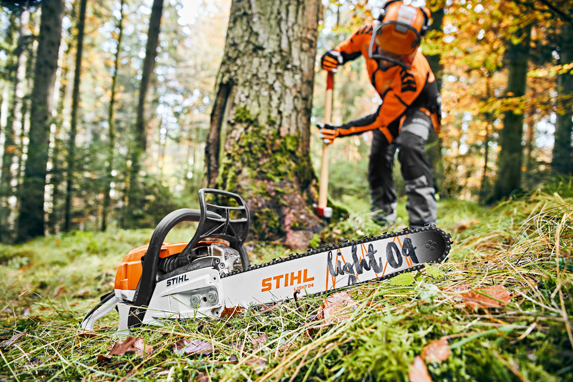 Motosega STIHL in lavoro su legna da taglio